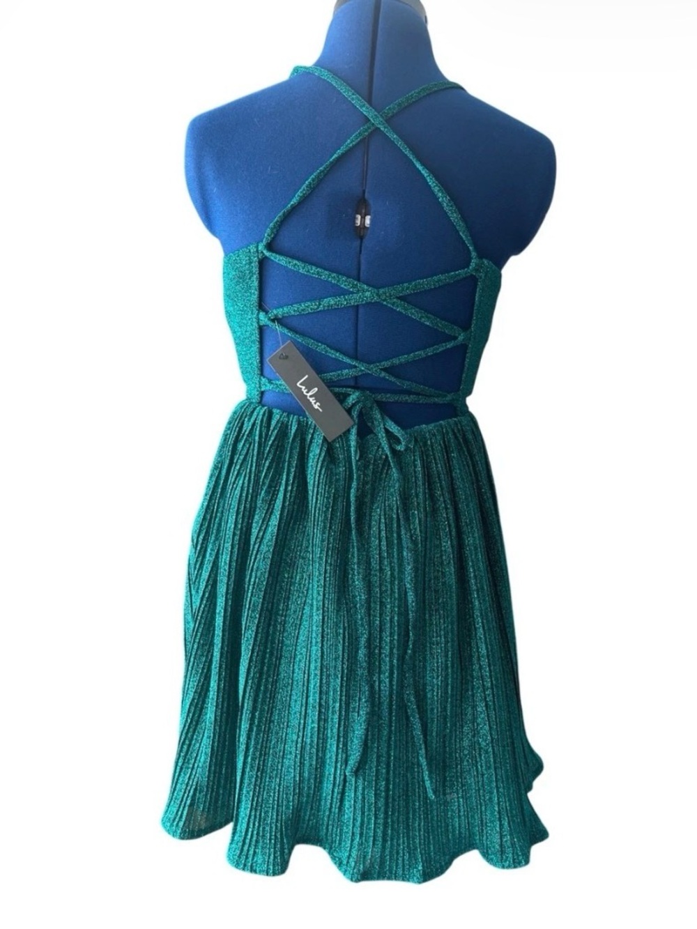 Lulus Party Era Emerald Sparkly Lace-Up Pleated Skater Dress Size XL Cocktail - Picture 3 of 15